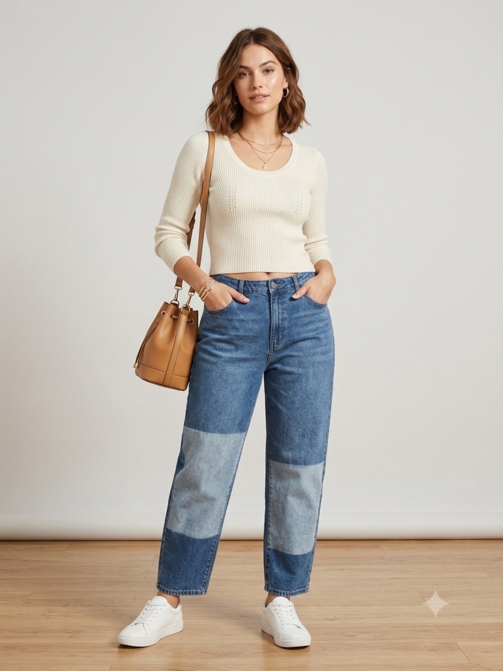 Style & Co Patchwork Colorblock Mom Jeans Sz 14 Shadow Wash Ankle Straight Leg